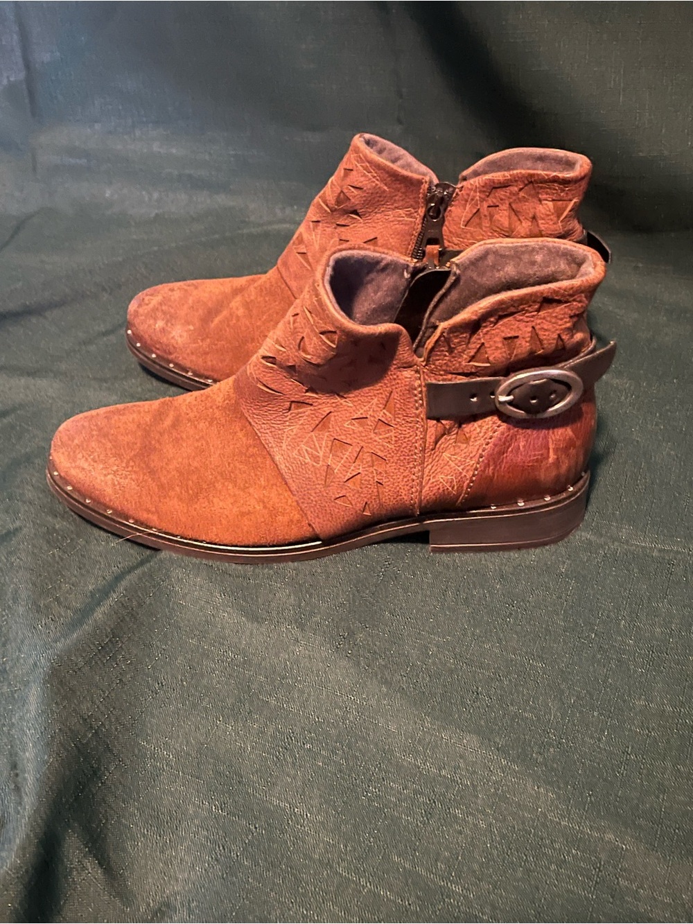 Miz Mooz Rust Brown Suede Ankle Booties with Buckle Detail